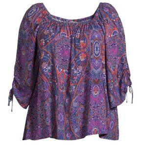 Terra & Sky Women's Plus Size Square Neck Ruched Top, Boho Paisley/Blue Comet